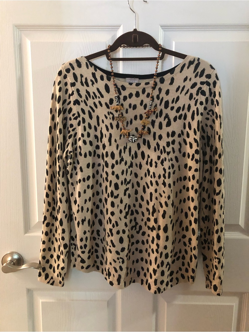 Chico's Tan and Black Leopard-Print Long-Sleeve Top